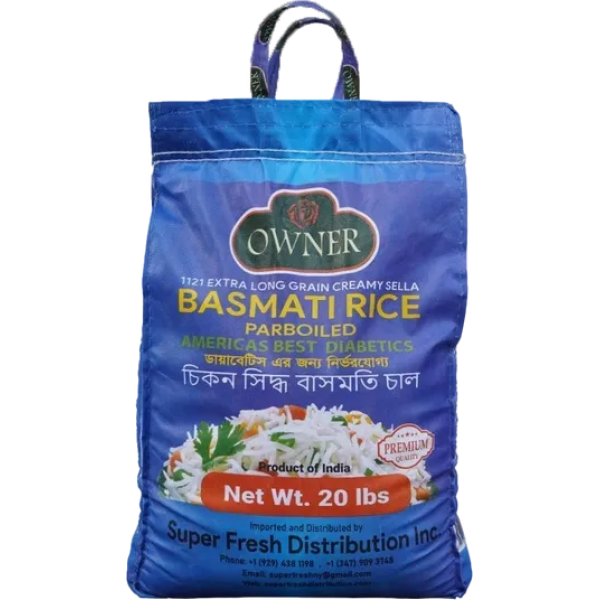 Owner Parboiled Basmati Rice Blue 20 lbs — 1121 Extra Long Grain Creamy Sella Diabetes Friendly